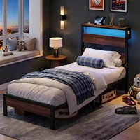 Twin Bed Frame with Storage Headboard and Charging Station, Walnut Platform Bed Frame with LED Light, Non-Slip Metal,Brown 6