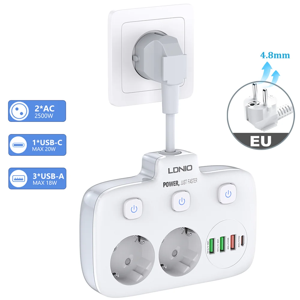 

EU Power Extension Socket Strip Plug USB C Ports Charger AC Outlet Wall Surge Protector for Home/Office Separate Switch Adapter