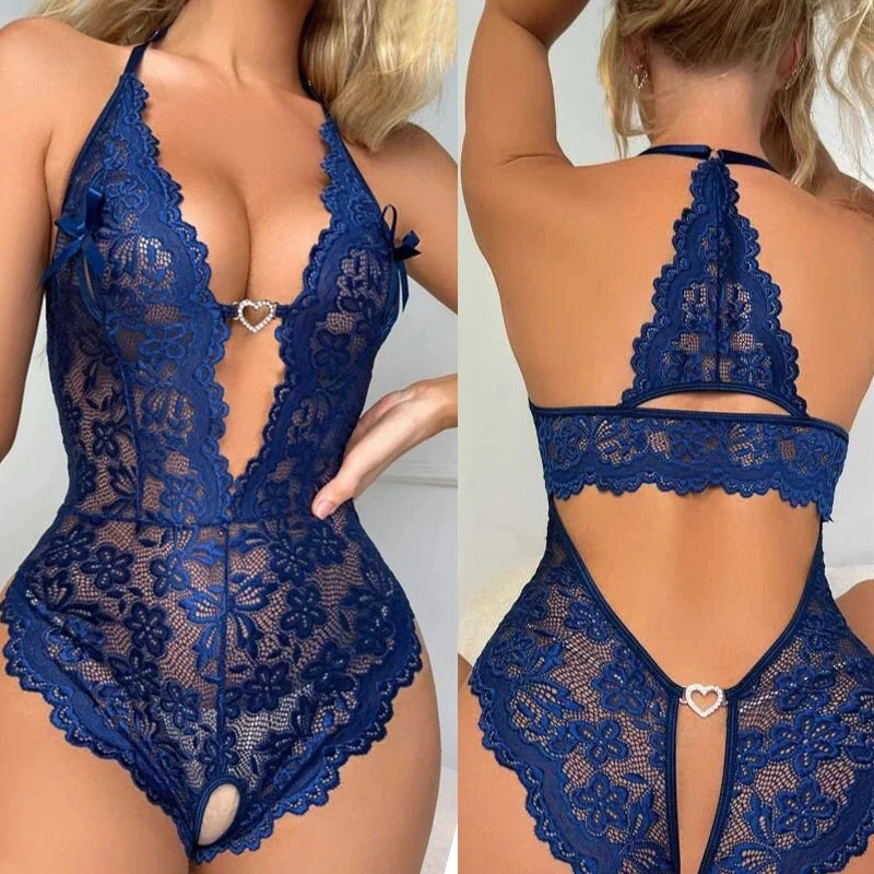 

One Piece Women's Close Fitting Clothes Transparent Lace Sexy V-neck Backless Crotch Free Open Lingerie Mini Short Nightdress