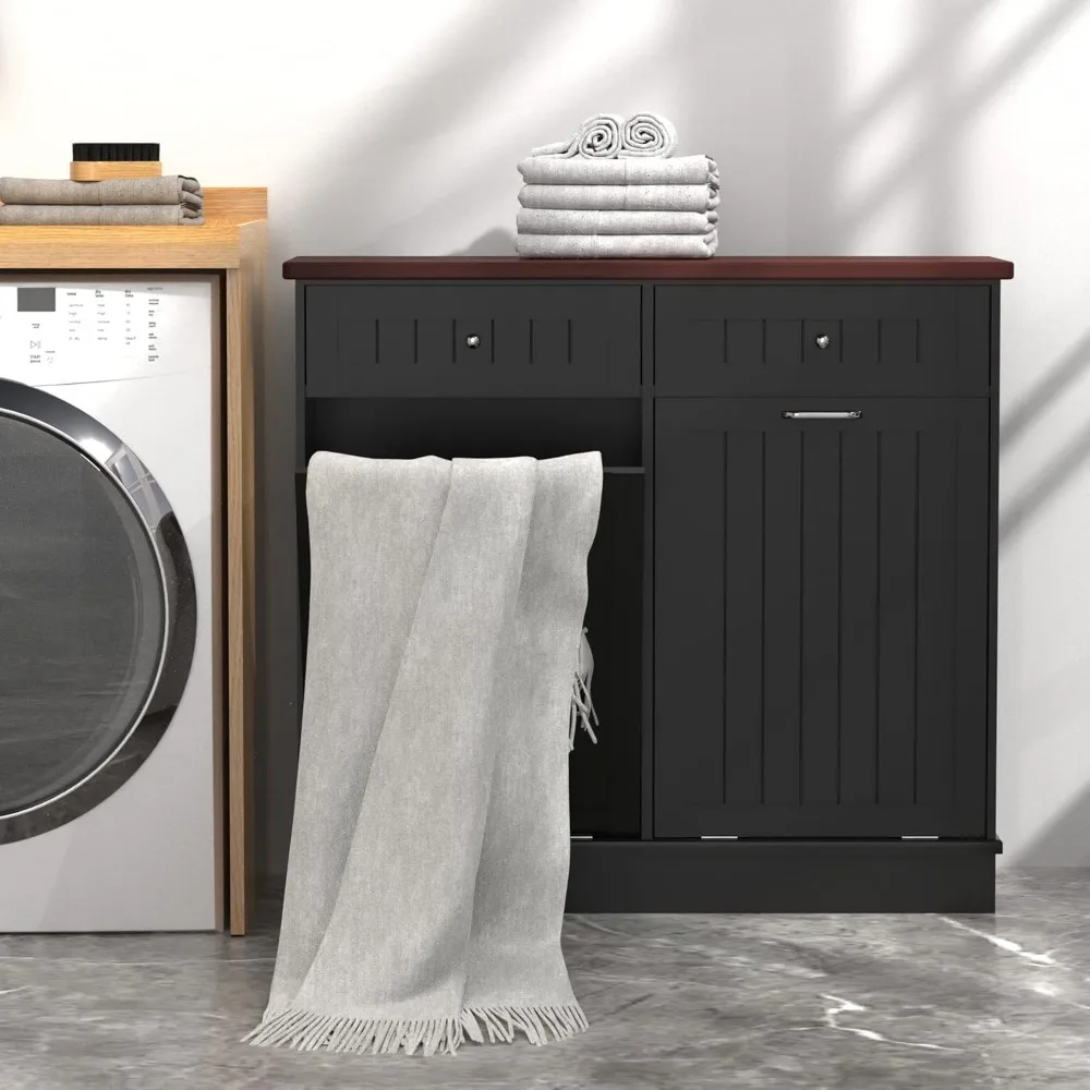 Dual tilt trash cabinet 20 gallon, antique style headboard trash can cabinet kitchen with solid wood tabletop and drawers 5