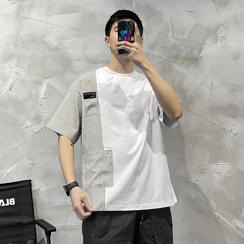 

Summer Striped Spliced Pocket Short Sleeve O Neck Men T Shirts Loose Casual Fashion 2xl Oversized Clothing Black Punk Streetwear