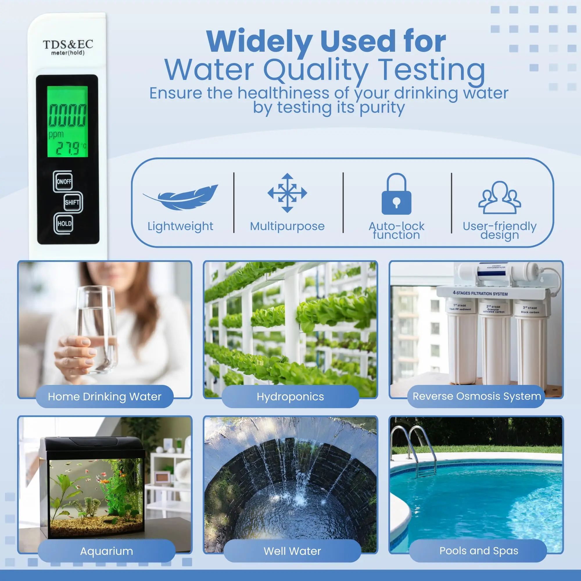 4 in 1 TDS Meter TDS EC Temperature(&deg;C,&deg;F) Meter Instant Read Digital Water Testing Kits for Drinking Water Tap Well RO/DI water tester water quality detector