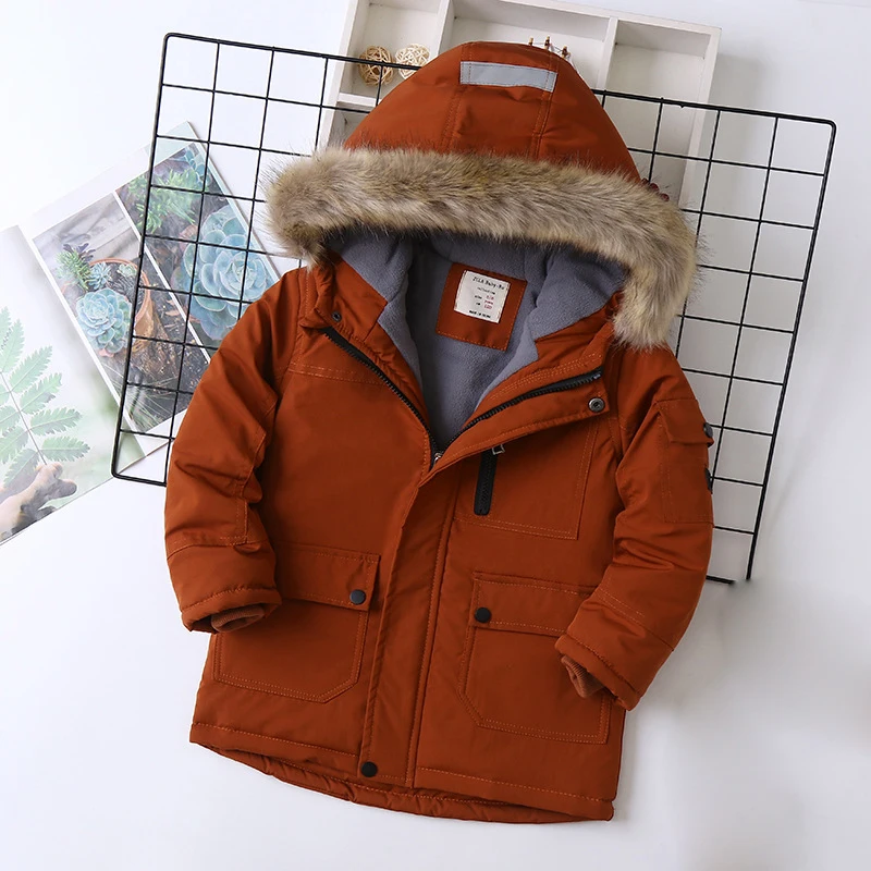 Boys Coats Autumn Winter Fashion Hooded Fur Children's Plus Velvet Warming Cotton Outerwear For Kids Jacket 5-14 Years - 3