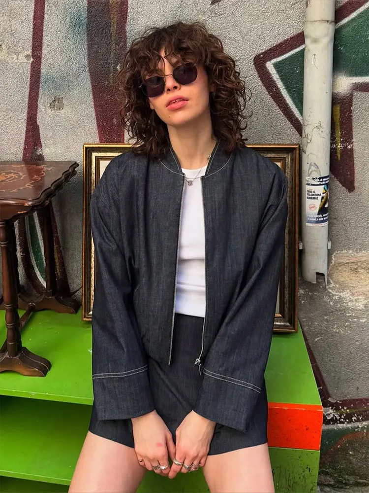 HH Women Denim Coat Skirts Suits Long Sleeve Zipper Denim Jacket Side Zipper Mini Skirt Fashion High Street Lady Outfits