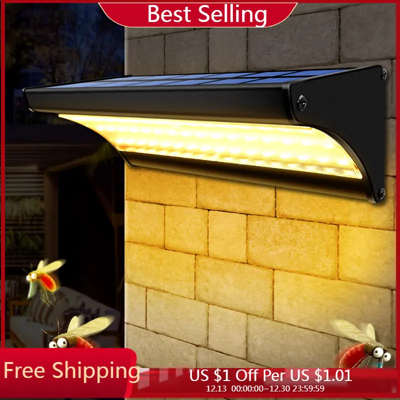 60LED Solar Wall Light Outdoor Waterproof Warm Solar Lamp Aluminum Lighting Solar PLamps for Garden House Fence Door Flood Light