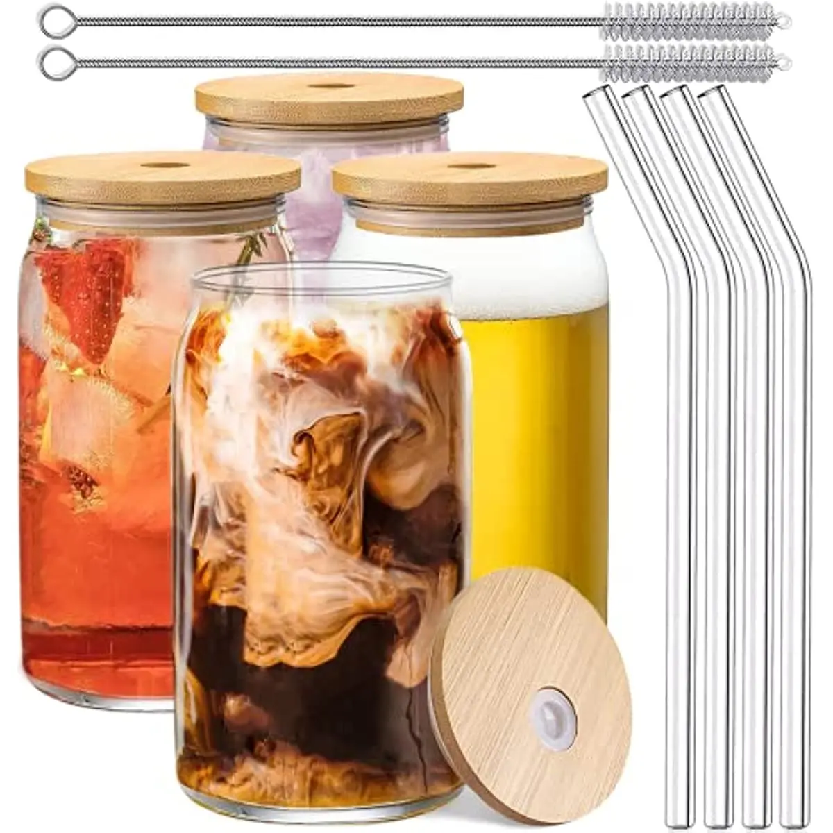 6 Pack 470ml Glass Jar with Bamboo Lids and Straws Drinking Glass Bottles  Milk Cup Iced Coffee Mug