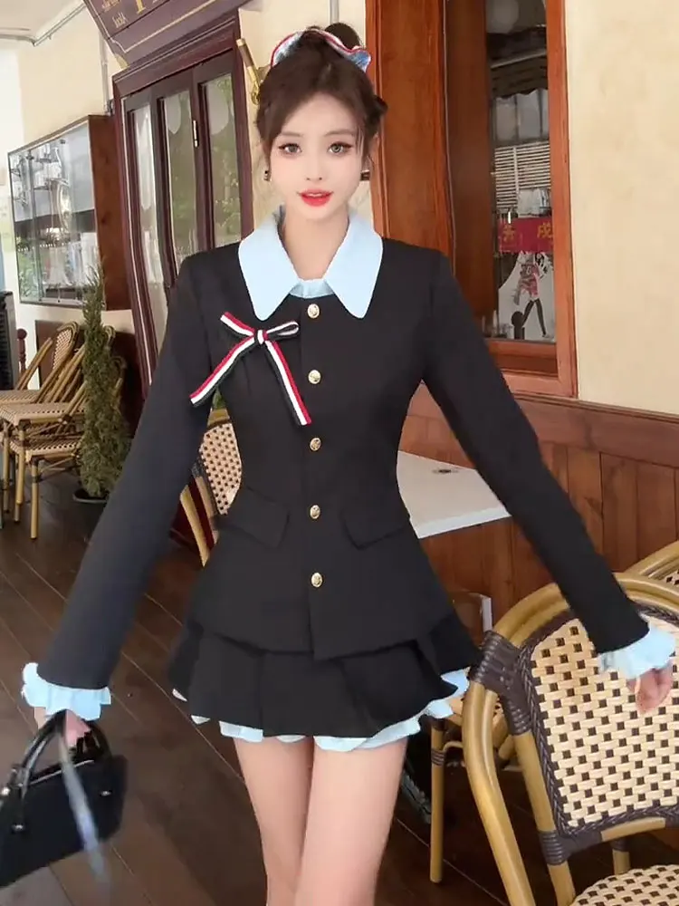 Elegant Two-piece Skirt Set Women Long Sleeve Single Breasted Blazer Coat Lace Pleated Mini Skirt Autumn Korean Fashion Outfits