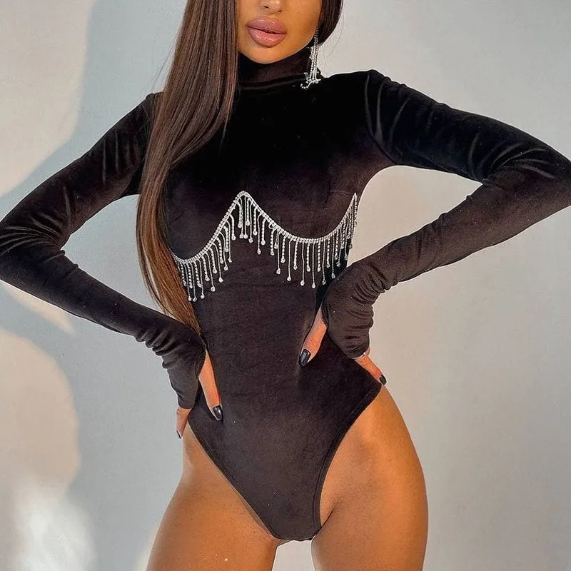 

Women's 2023 New Summer Diamond Chain Decoration High Neck Bodysuit Finger Sleeve Slim Fit Bottom Top