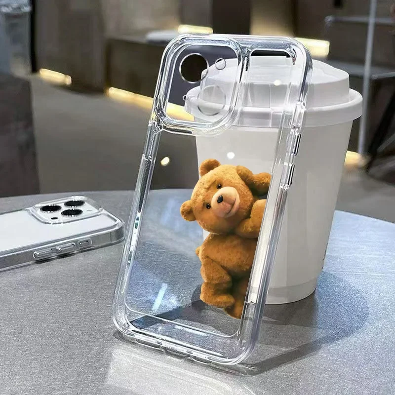 thumbnail image 1 of Funny Cartoon Bear Clear Phone Case For iPhone 14 Pro Max 11 12 13 15 Pro Max Mini X XS XR 78 14 15 Plus Luxury Shockproof Cover, 1 of 5