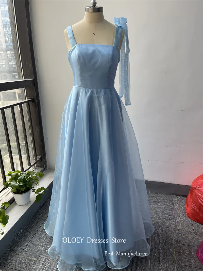 

OLOEY 2024 Simple Shiny Silk Organza Baby Blue Long Evening Party Dresses Korea Lady Straps Lace Up Back Formal Prom Gowns