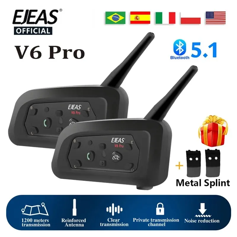 EJEAS V6 PRO Bluetooth Motorcycle Intercom Helmet Headset 6 Riders 1200m  Communicator Interphone Waterproof + Metal Splint - AliExpress