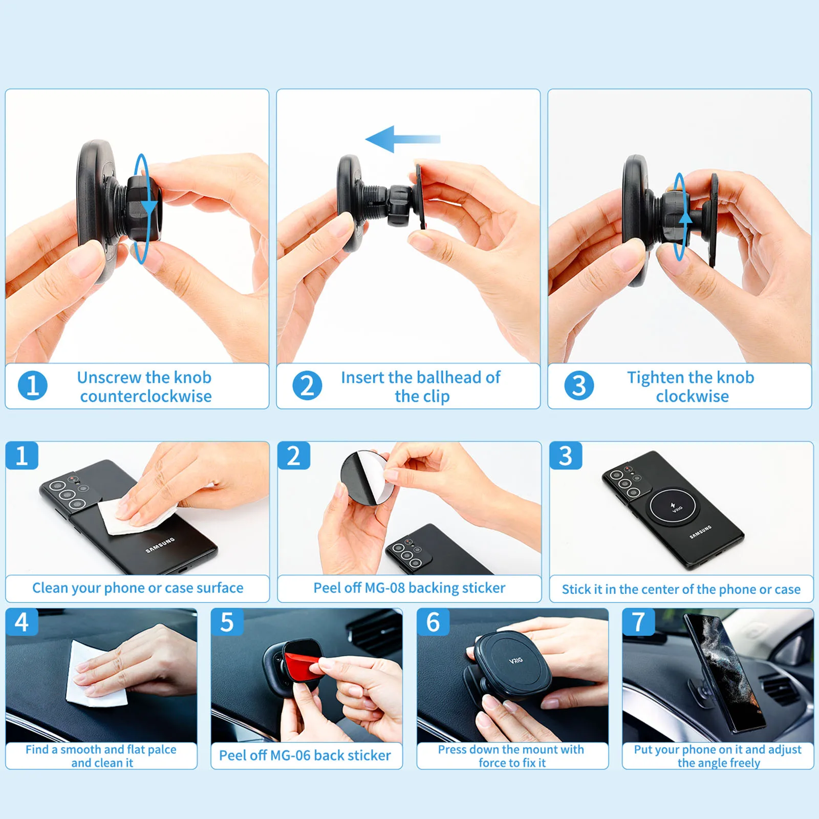 VRIG 차량용 강력한 부착 마그네틱 휴대폰 홀더, 아이폰 14, 13, 12, 화웨이, 삼성용, 15N 강력한 자석, 쉽게 설치, MG-06
