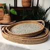 Rattan Basket HandWoven Fruit Storage Breakfast Severing Tray Drinks Snack Coffee Platters Bread Plate Home Tableware Organizer 6