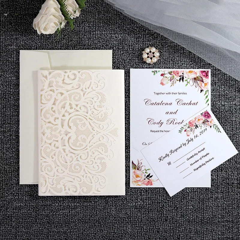 25/50pcs European Laser Cut Wedding Invitations Card 3D Tri-Fold Bride And Groom Lace Greeting Card Wedding Party Favor Supplies