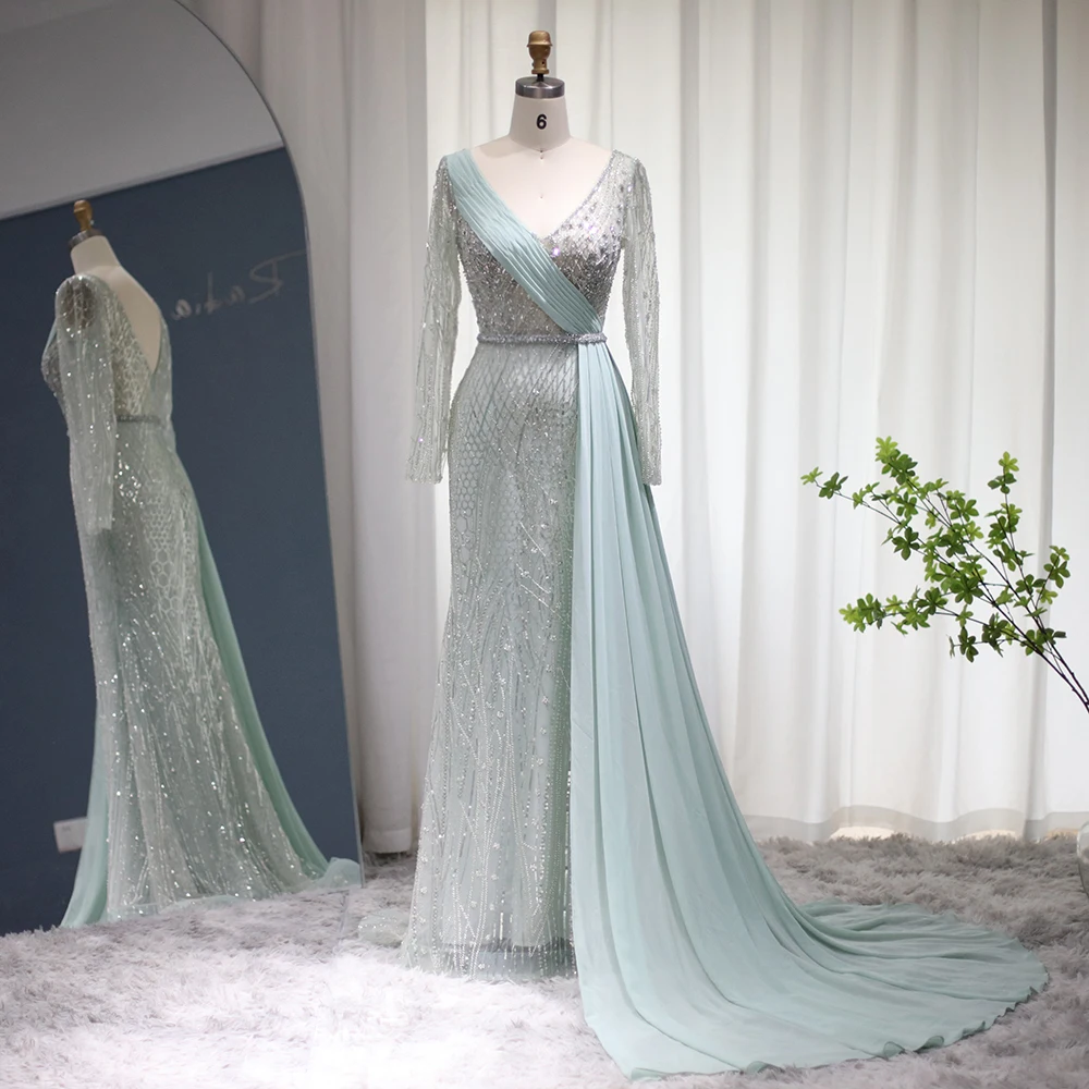 

Jancember Dubai Aqua Mermaid Evening Dress Chiffon Overskirt Long Sleeves Plus Size Formal Dresses for Women Wedding SCZ202