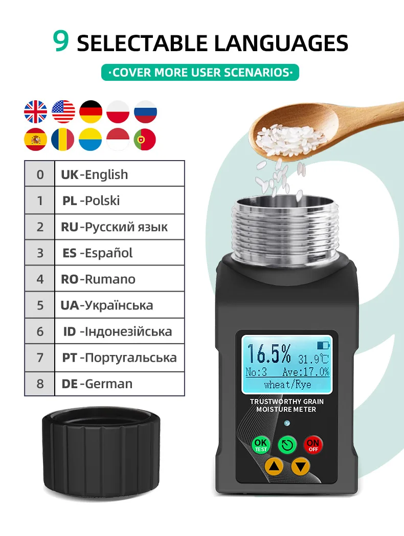 Portable Moisture Tester for Grain,40 Grain Moisture Meter with Backlit Digital
