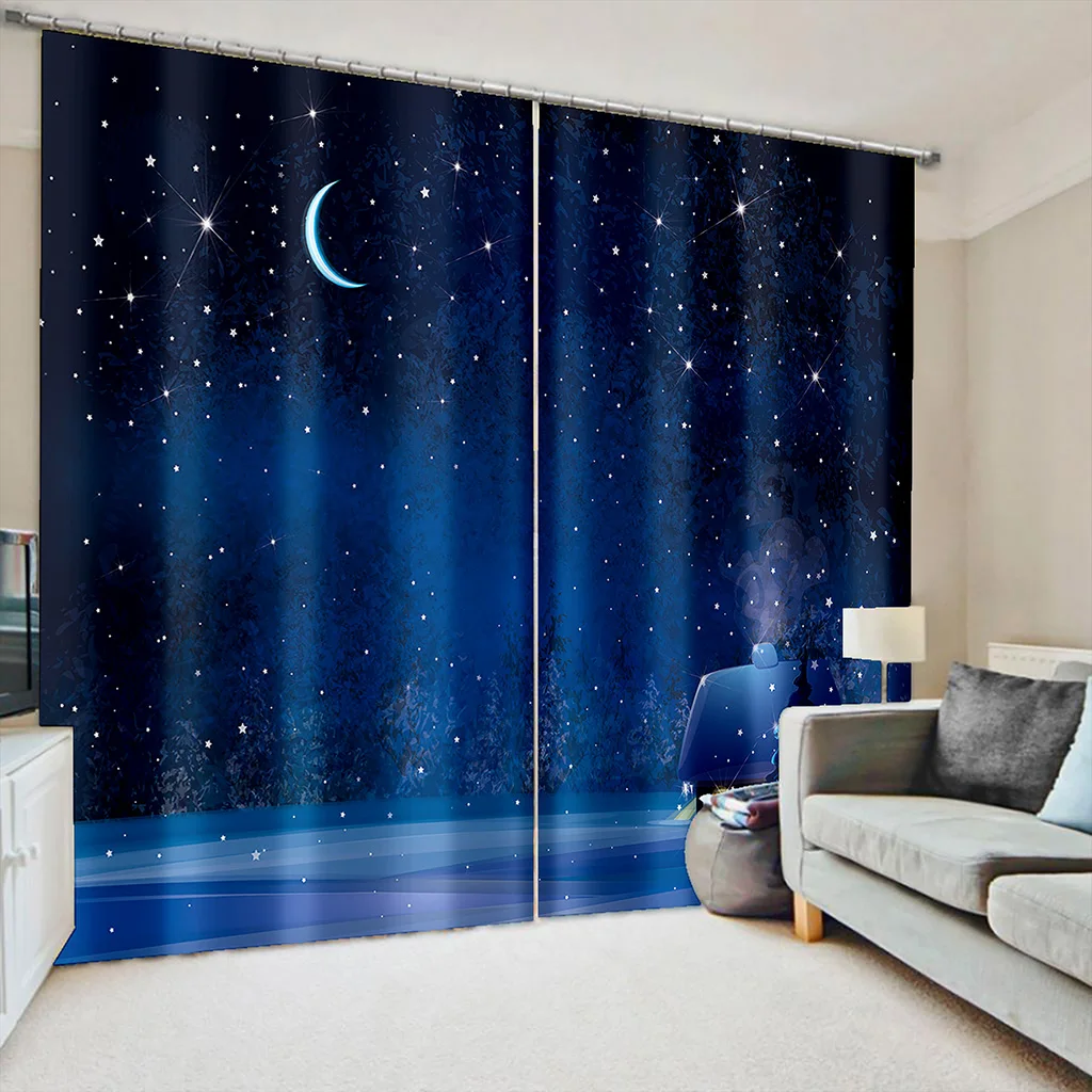 

Nature Senery Night Sky Shiny Moon Star Ocean Sea Window Curtains Binds for Kids Bedroom Living Room Kitchen Door Home Decor2Pcs