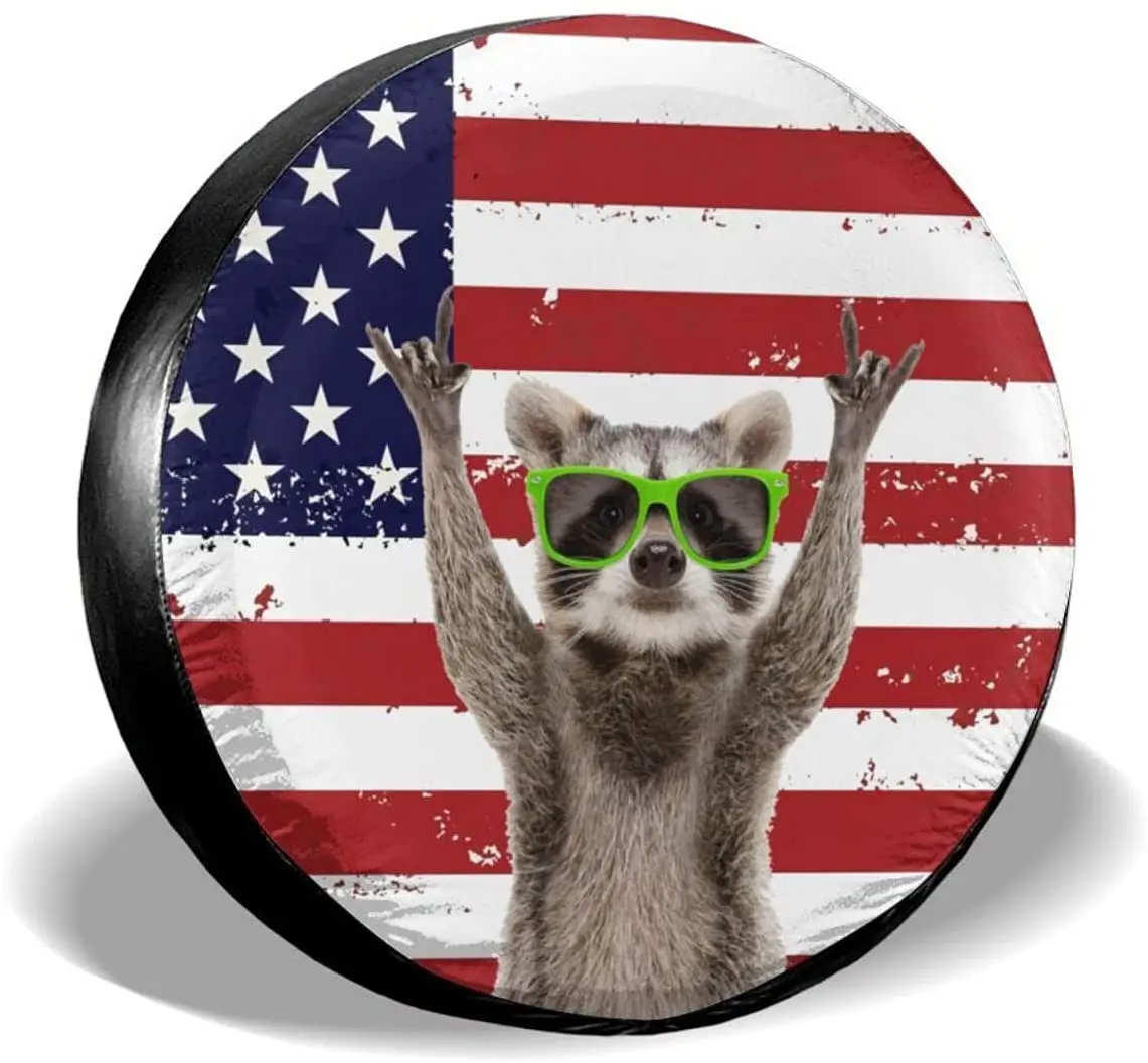 

Funny Raccoon American Flag Spare Tire Cover Wheel Protectors Weatherproof Universal for Trailer Rv SUV Truck Camper Travel Trai