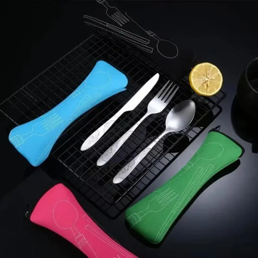 3 Pcs Portable Travel Cutlery Stainless Steel Western Style Steak Knife Fork Spoon Complete Set of Tableware Home Use Outdoor
