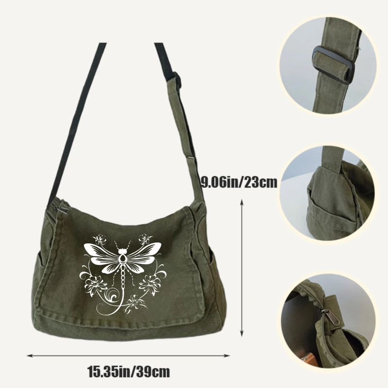 Vintage Women's Crossbody Bag Canvas Dragonfly Print Large Capacity Shoulder Bag for Daily Use