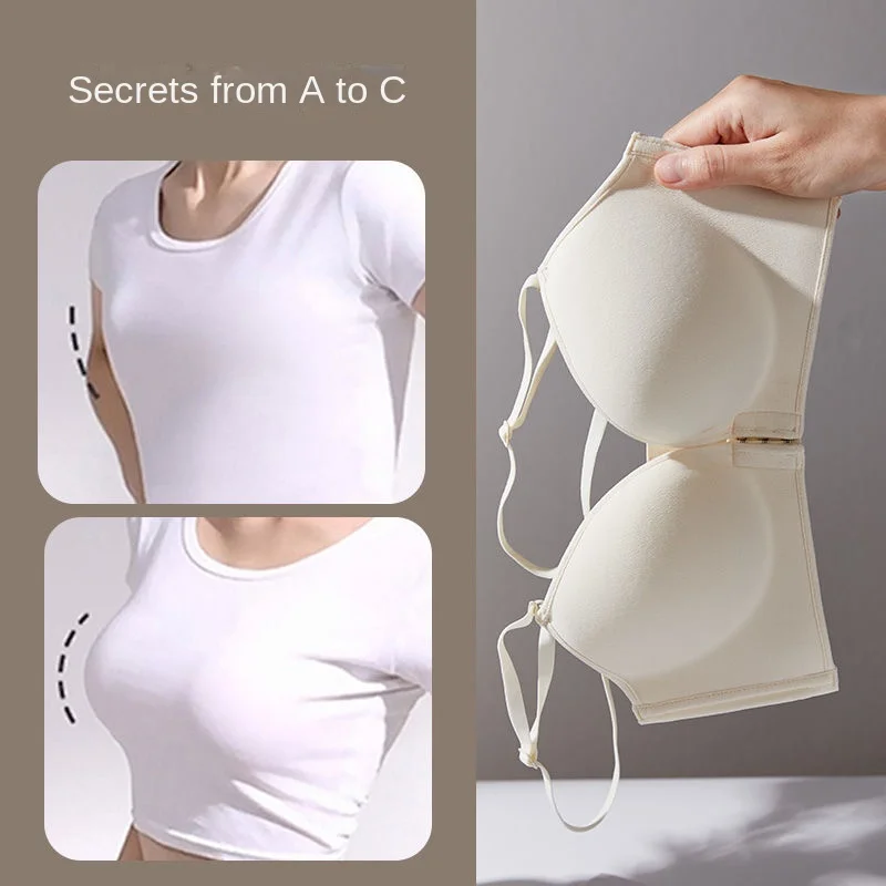 Front Buckle Thickened 12cm External Expansion Beautiful Back Lingerie for Women Hanging Neck Bra, Small Chest Thickened and
