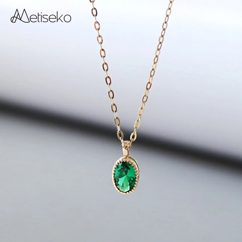 

Metiseko S925 Sterling Silver Plated 14K Gold Inlaid Retro Oval Emerald Color Cubic Zirconia Pendant Necklace for Women Party