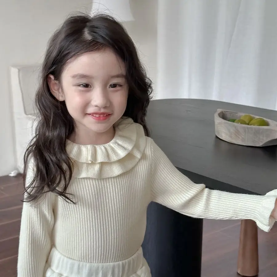 2025  소녀 겨울 의류 러플 칼라 니트 스웨터 패션 어린이 생일 공주 상의 니트 옷 코트