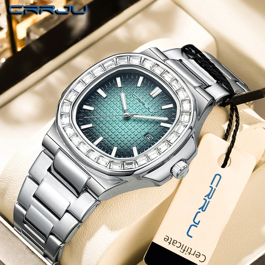 CRRJU-reloj de cuarzo para hombre, cronógrafo de lujo con diamantes, resistente al agua, luminoso, de acero inoxidable, para negocios, con fecha