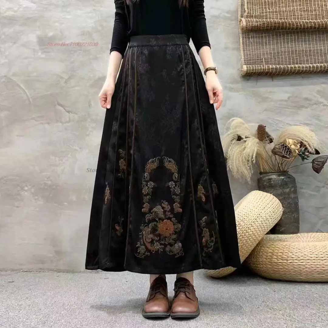 

2024 chinese vintage skirt national flower embroidery satin jacquard skirt oriental traditional improved folk a-line skirt