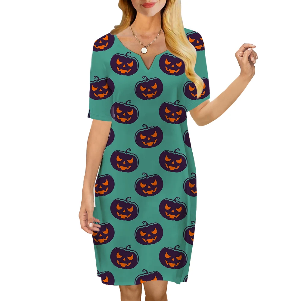 

CLOOCL V-Neck Dress Pumpkin Demon Pattern 3D Printed Short Sleeve Cute Cartoon Dresses Halloween Stylish Dress for Women