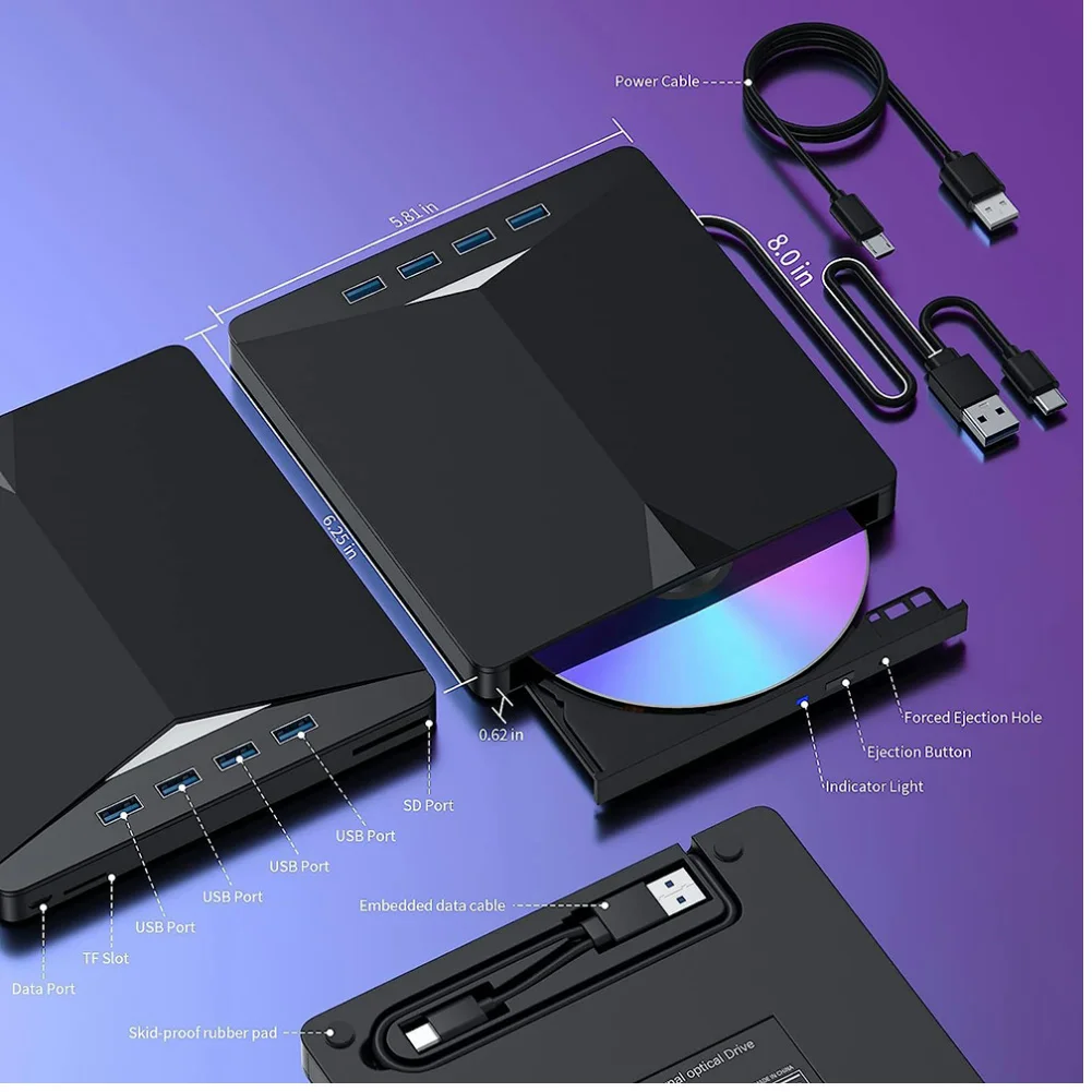 7 In 1 USB3.0 Type-C External Mobile Drive CD DVD Burner High-Speed Plug-and-Play for Windows 11/10/8/7/Linux/Mac OS
