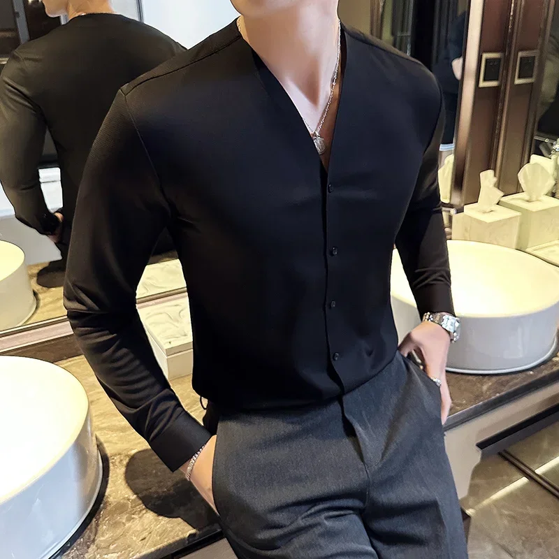 

Men's Shirts High Quality V Neck Long Sleeve Shirts For Men Clothing Luxury Drape Traceless Gluing Elegant Social Shirt Dress