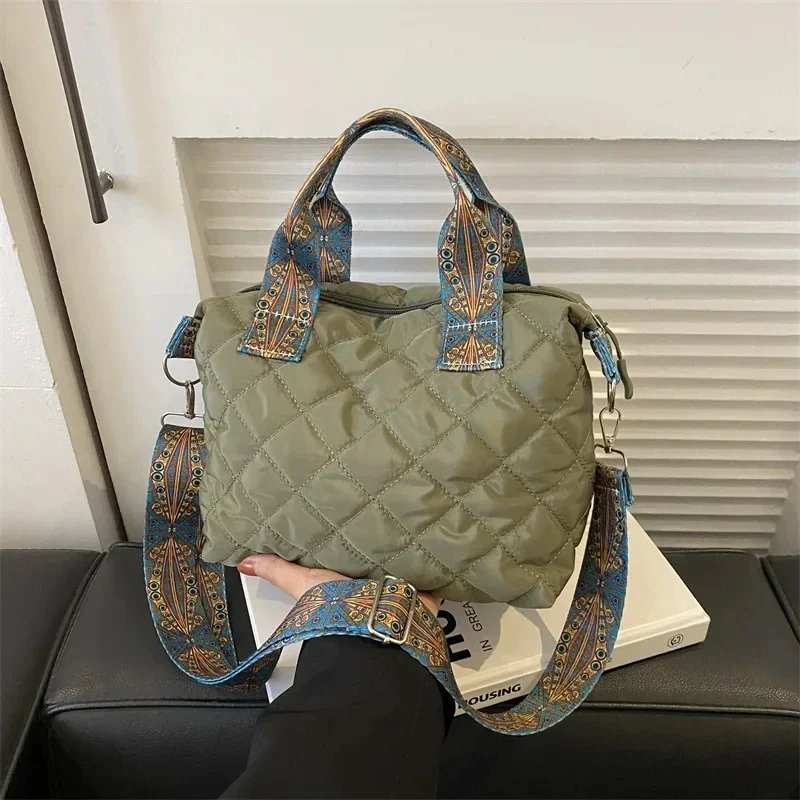 Women Wide Shoulder Belt Handbag Fall/Winter Rhombus Space Cotton Shoulder Bag Large Capacity All-Match Shopping Tote Bag shoulder bag,ladies handbag