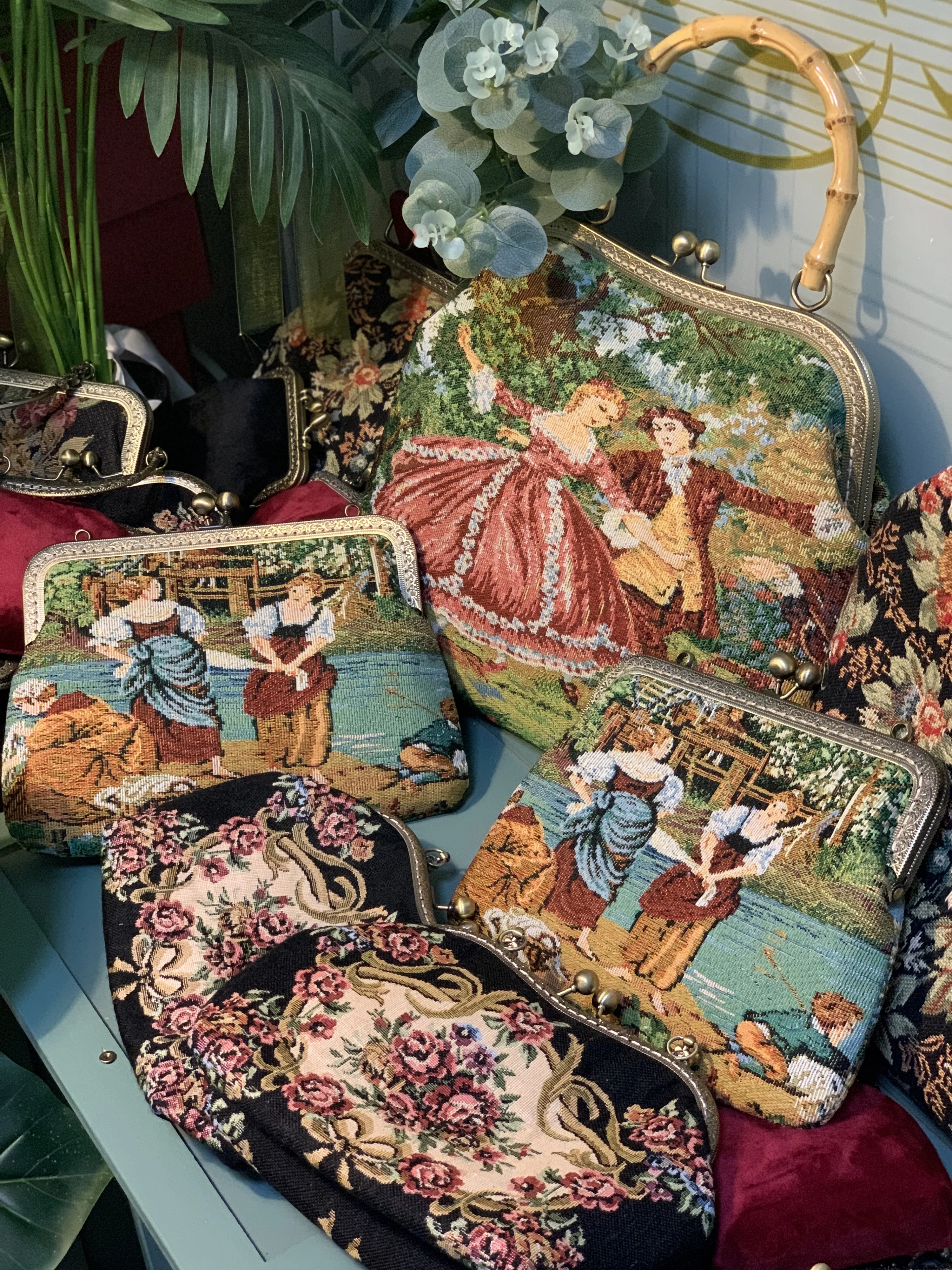 Lost in Vintage French Tapestry Figural Purse Metal Frame Aubusson Clutch Figural Bag Vibrant Scenic and Romantic Figures Lamb