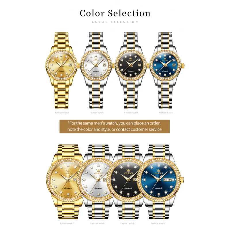 Olevs 7003 automatic mechanical couple watch men women luxury top lap stainless steel waterproof lover's wristwatch