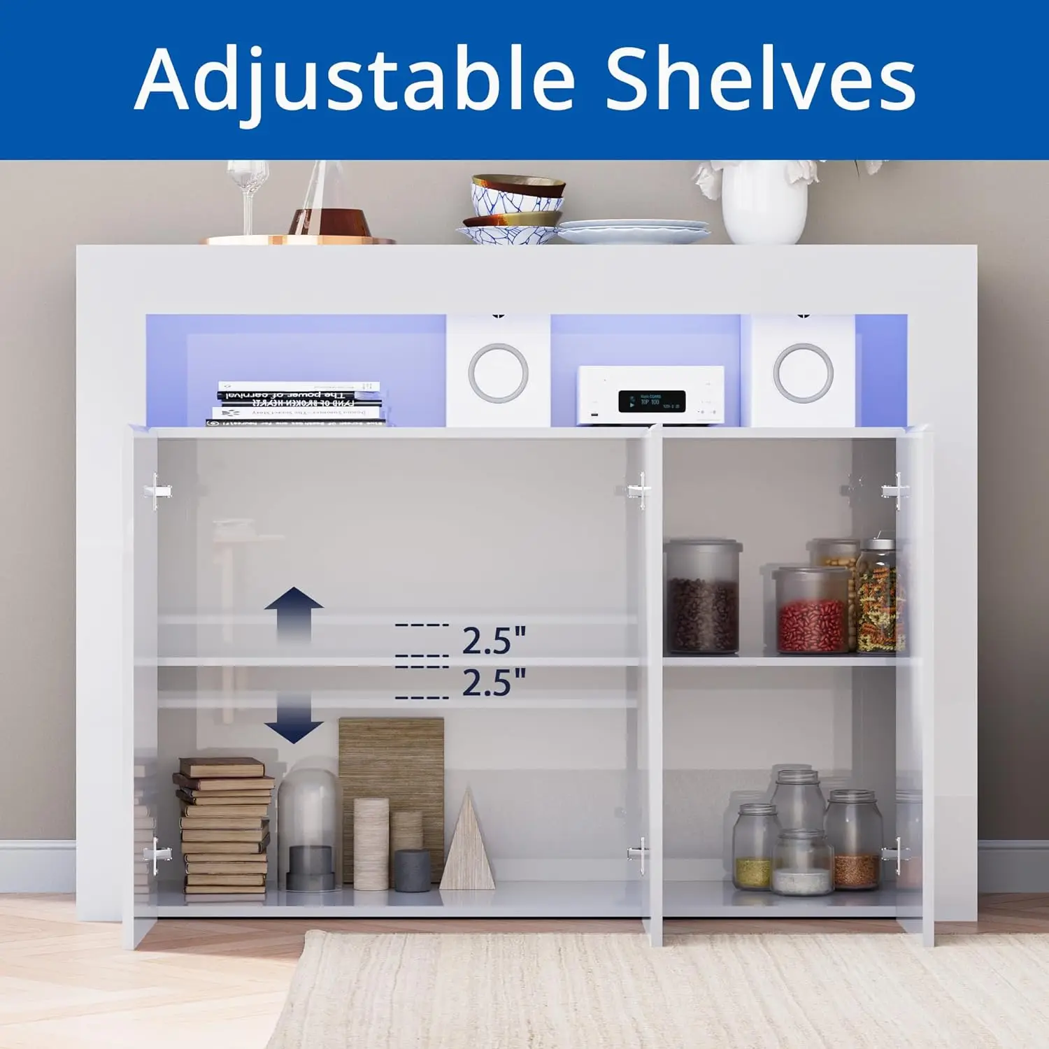 Modern White Buffet Cabinet with LED Lights, High Glossy Sideboard Storage Cabinet with 3 Doors and Adjustable Shelf