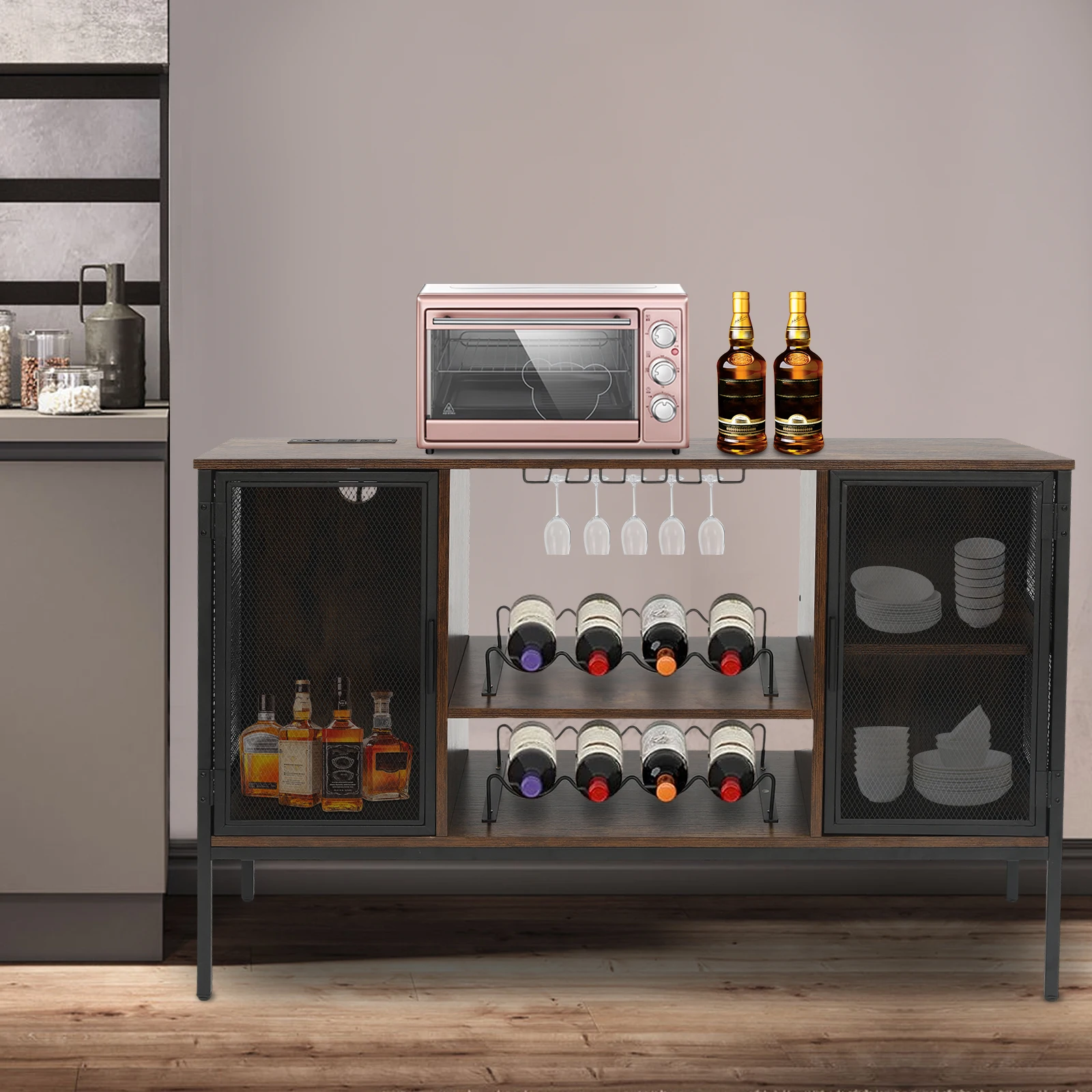 120*34*76.5cm Wine Bar Cabinet Coffee Bar Cabinet Coffee Station Sideboard Wine Rack with Glass Holder for Living Room Kitchen