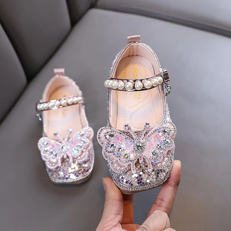 New Girls Princess Shoes Fashion Children's Bow Rhinestone Sequin Kids Shoes Baby Party Student Flat Performance H19