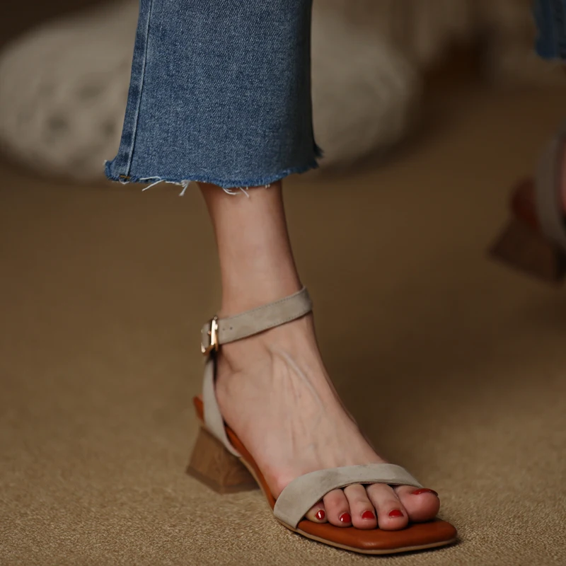 

Women Retro Shoes Buckle Strap French Style Sheepsuede Elegant Ladies Shoes Simple Design Summer Sandals