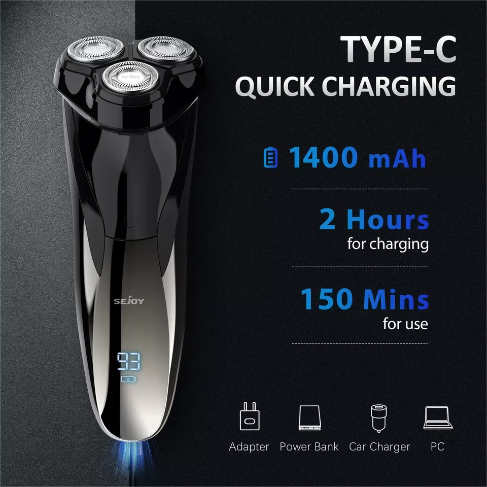 SEJOY 3D Electric Shaver Wet &Dry Rotary Shavers Pop-up Trimmer Waterproof Gifts 2