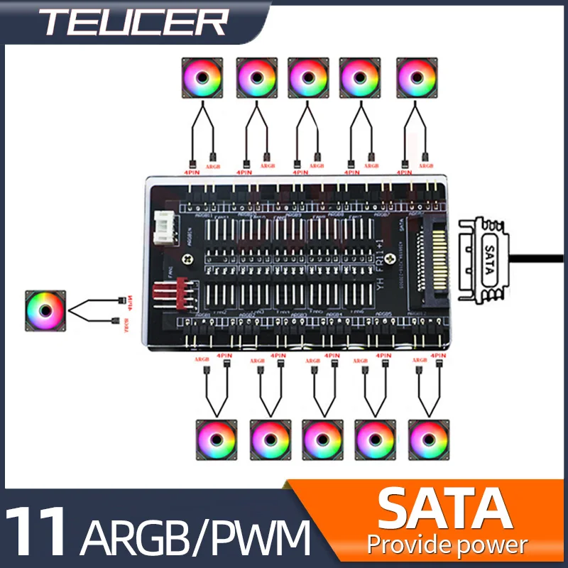 Magnetic 2 in 1 Multi Splitter Fan Hub 11 Way 5V 3PIN ARGB 12V 4PIN PWM Interface SATA Power PC Chassis Cooling Accessories chassis fan hub cooling fan hub