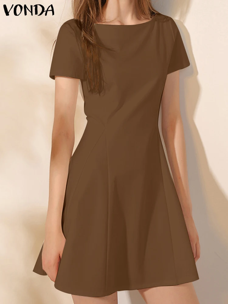 

VONDA 2023 Sexy Mini Sundress Women Summer Dress Solid Color Casual Loose Short Sleeve A-Line Party Short Vestidos Robe Femme