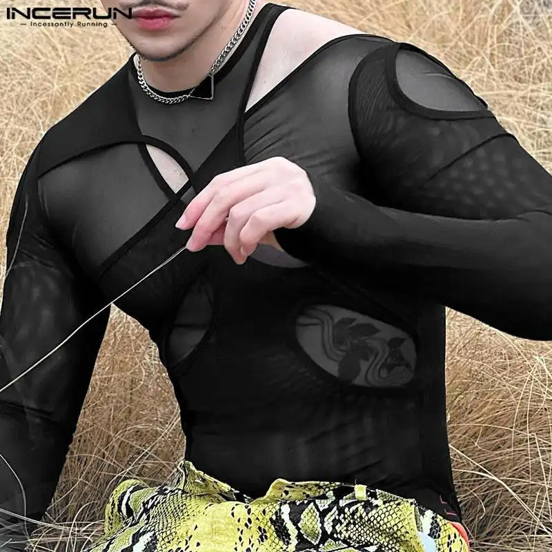 

INCERUN 2023 Men Bodysuits Hollow Out Mesh Streetwear Rompers O-neck Long Sleeve Transparent Sexy Solid Irregular Male Bodysuit
