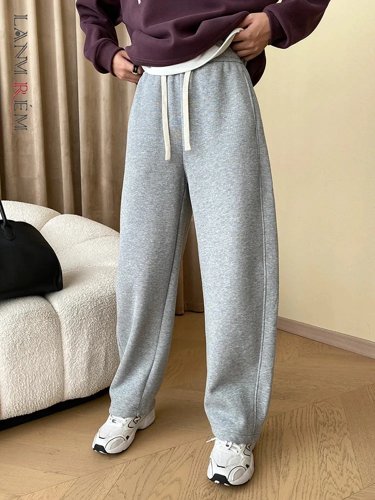 

[LANMREM] Drawstring High Waist Casual Pants For Women 2023 Winter New Thick Warm Wide Leg Trousers Fashion Clothing 26D6960