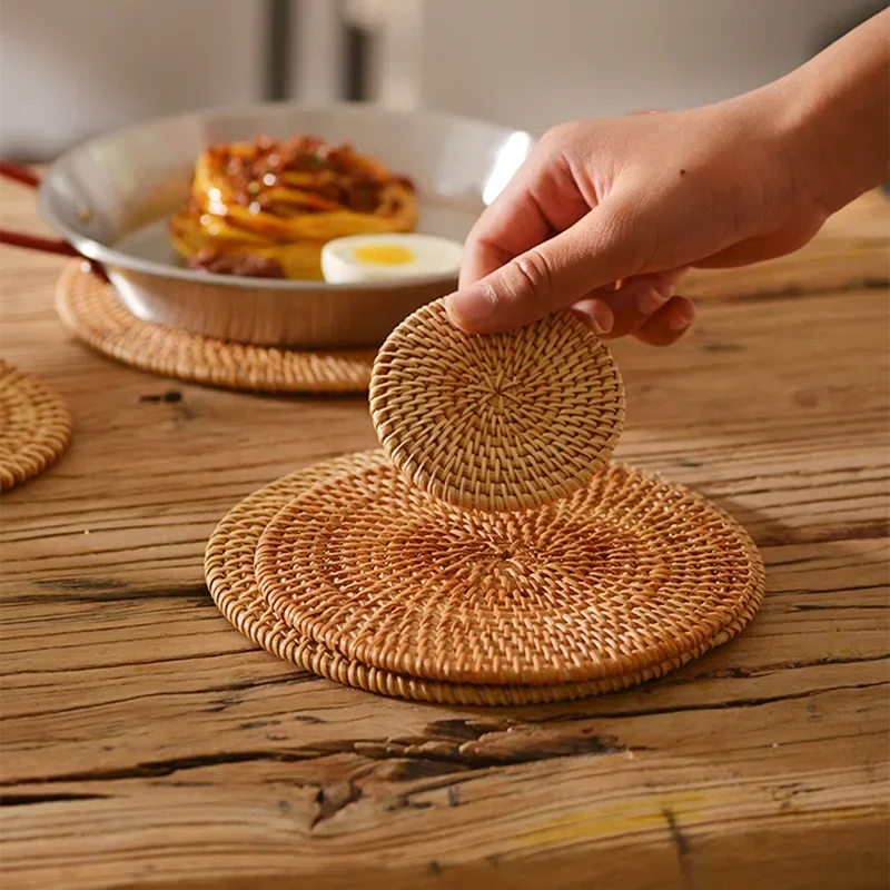 8-10cm Rattan Cup Mat 6Pcs Drink Coasters Set for Kungfu Tea Accessories Round Tableware Placemat Dish Mat Rattan Weave Cup Mat