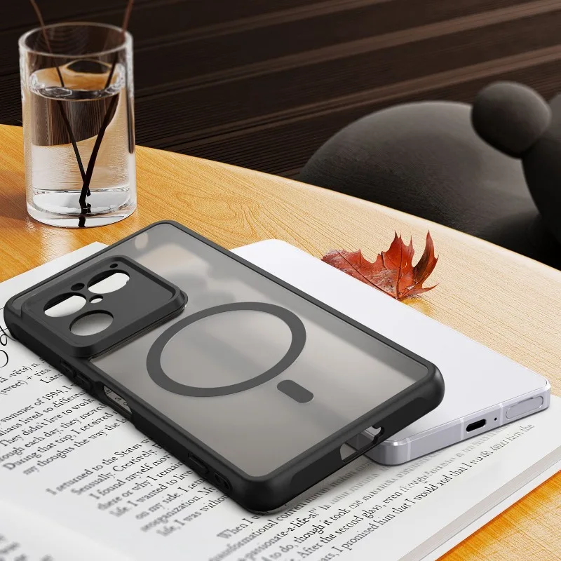 Magnetic Matte Transparent Acrylic Phone Case with Dustproof Bumper and TPU Frame