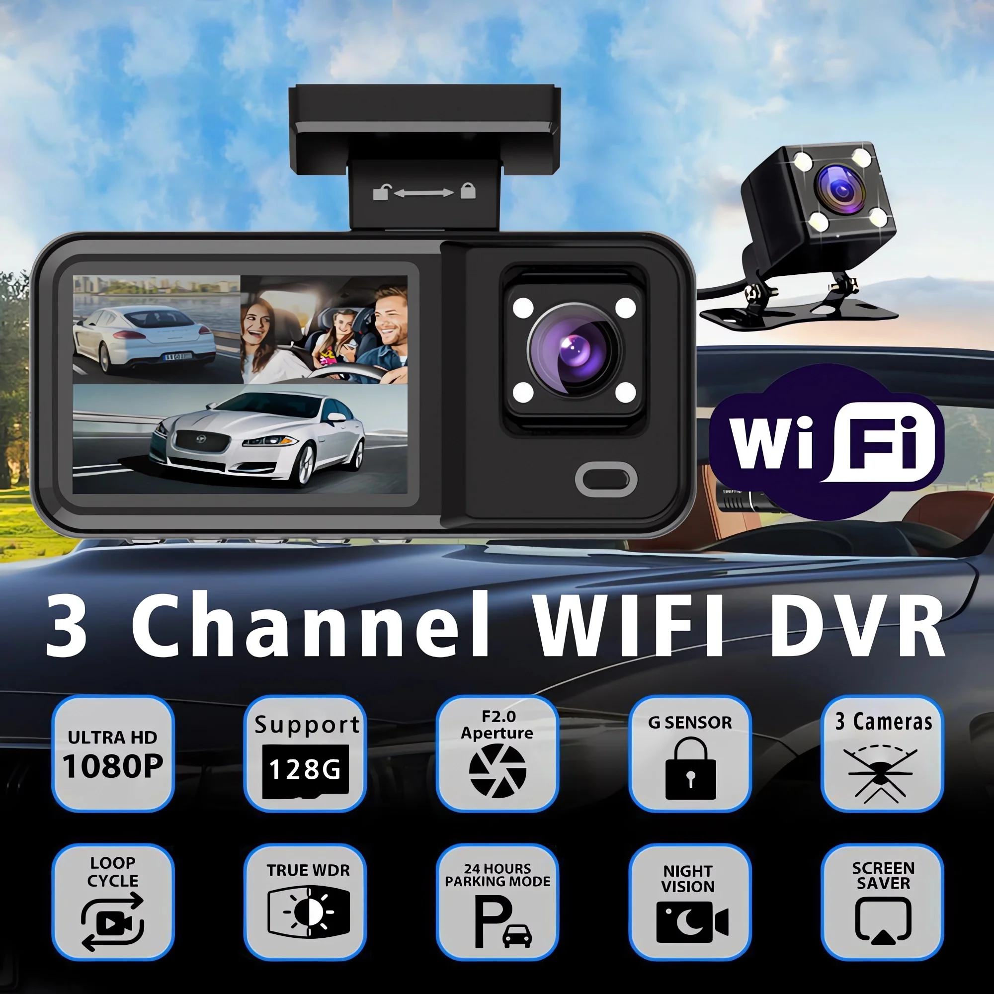 3 قناة داش كام للسيارة 1080P مسجل فيديو واي فاي APP داشكام سيارة DVR كاميرا الرؤية الأمامية والخلفية للرؤية الليلية ملحقات السيارة