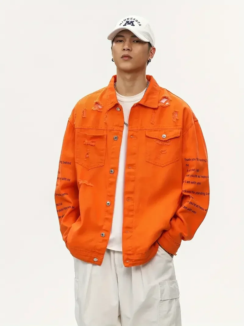 

Мужская повседневная Уличная джинсовая куртка, Стильная джинсовая куртка с лацканами для весны и осени, шикарная НЕОБРАБОТАННАЯ искусственная куртка