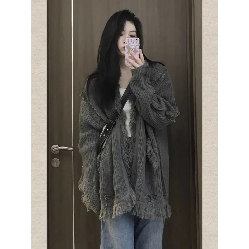 QWEEK 여성용 빈티지 스웨터, 하라주쿠 패션 점퍼, 오버사이즈 가디건, 한국 스트리트웨어, 니트 그레이 스웨터, 가을 시크, 신상