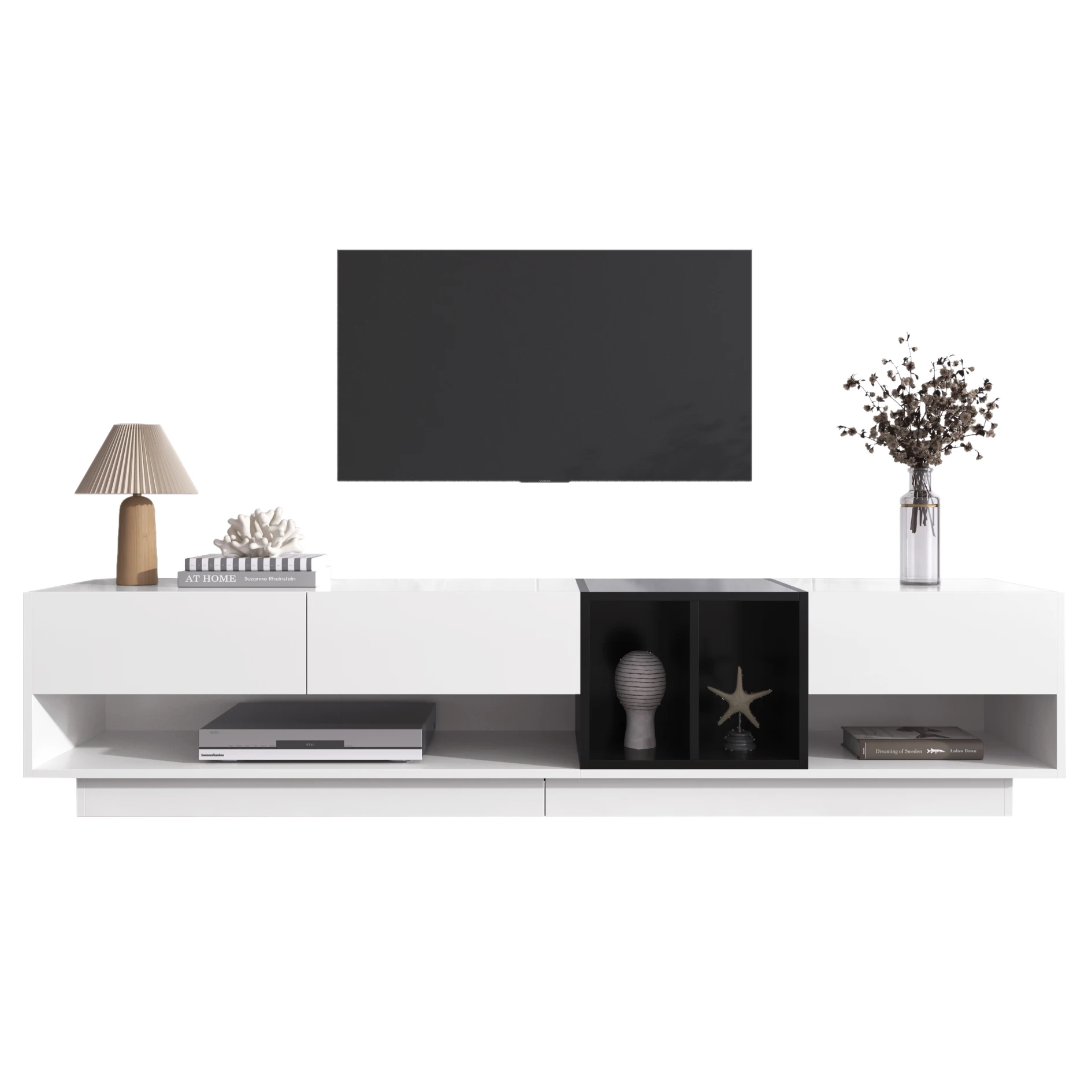TV-Schrank/Lowboard, Kombination aus Hochglanzweiß und Schwarz. Farbblockierendes Design, Schubladen, Fächer, mehrfacher Stauraum – Detail 8